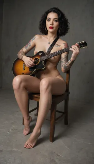 45 year old Woman naked, seated, playing flat top guitar, tattoos, lipstick, jewelry, piercings, wide angle shot, full body view, <lora:321900_training_data:.8>
