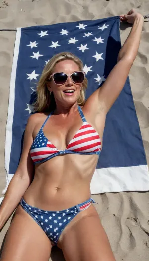 40 year old Midwestern milf, laying on beach in Amer, (((ican flag swimsuit top and denim Daisy Duke jean shorts, shorts pulled to the side))), (((fingering her pussy))), Orgasm face, sunglasses, tanning oil, sandy body, drunk, view from above