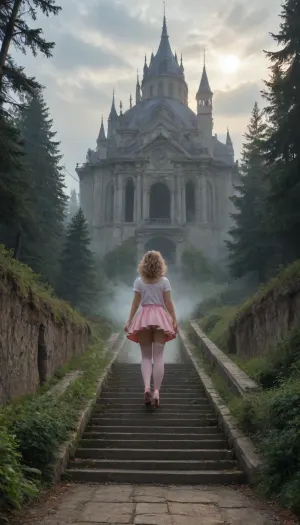 girl in pink mini skirt walking up stairway to heaven, fairy tale, stairway into the clouds, infinite stairway, dark sky, mist, fog, forest, mystical, long stairway, long path to heaven, ancient stone steps, magical, fantasy, thunderstorm, gray sky, sun behind clouds, misty, spiral staircase, meandering way, upskirt, white panties, pink thigh high stockings, pink plateau high heels, wolves in the forest, (wolves:1.2)
