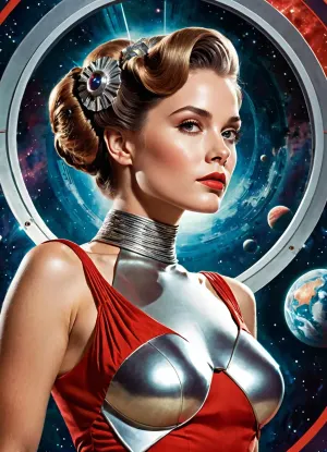 A vintrage sci-fi movie poster. In the poster is illustrated in the style of a 1970s sci-fi movie poster — bold colours, dramatic lighting, vintage textures, and retro-futuristic design. The poster depicts a beautiful female sci-fi princess with a complex updo hairstyle, an ornate silver and red dress, and a cosmic background. She is breaking out of the poster, and is leaning forward from the poster into the real world. Her body transitions from stylized illustration to photorealism — the part still inside the poster remains in the 1970s retro style, while the part emerging into reality is rendered in vivid photorealistic detail.