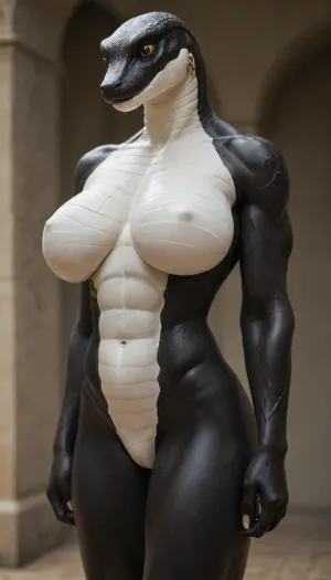 ((Female anthro python, black body, black skin, white scales)), nude, solo, (slim:1.5), (muscular:2), gigantic breasts, stomach bulge, underboob, 3/4 view