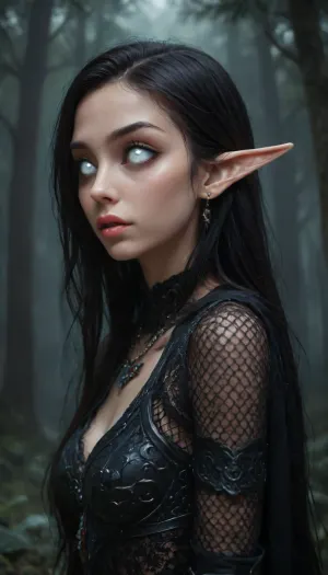 (1 extremely beautiful elf girl standing in a dark eerie forest:1.4), (close up angle:1.4), (side view), big thin cute lips, (extremely small beautiful face:1.3), black hair, (extremely long hair), extremely straight hair, (beautiful black fishnet armor:1.4), fully clothed, white skin, very long thick eyelashes, (light white eyes), (extemely beautiful petite body:1.4), collarbones, multiple big necklace, earrings, (cute tiny breasts), small waist, bubble butt, (extremely thin petite thighs), long legs, (extremely perfect big beautiful eyes:1.8), (perfect face), 8k, (dark evil forest), white, sclera, eyes, R3g4l, 3lv3n, woman, courtyard, armor, cloak, sword, castle, Dark, dreams, Eerie, reality, Horror, Darkness, <lora:white sclera v2:1.3>, <lora:rknArouseXL:.4>, <lora:Regal_Elven:1>, <lora:1366408_training_data:.8>, <lora:DDXL:.8>