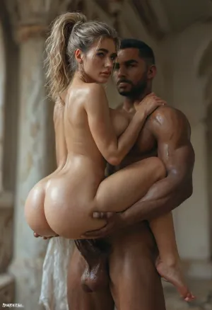 Score_9, score_8_up, score_7_up, 1 Norwegian casual busty curvy milf, she has Long blonde healthy ponytail hair, 1 black brutally big and extremely large and tall African handsome muscular male bull, (he is carrying her with his hands supporting buttocks, he is penetrating her pussy with his huge humongously big fat black mega-monster-cock:1.3), her legs are naked, (her legs encircle his torso:1.4), she wears a thin strap-top with underboobs, she has red lipstick and big swollen lips and open mouth, she is riding his black cock and arching her body backwards, her eyes are rolled back while she orgasms with a blissful smile and laughs, (side-view with focus on the woman, she is looking straight at the viewer:1.3), ac_neg1, <lora:detailed_notrigger:.7>, <lora:MJ52:.9>