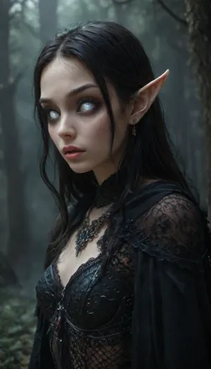 (1 extremely evil elf girl standing in a dark eerie forest:1.4), (close up angle:1.4), (side view), big thin cute lips, (extremely small beautiful face:1.3), black hair, (extremely long hair), extremely straight hair, (beautiful black fishnet armor:1.4), fully clothed, white skin, very long thick eyelashes, (light white eyes), (extemely beautiful petite body:1.4), collarbones, multiple big necklace, earrings, (cute tiny breasts), small waist, bubble butt, (extremely thin petite thighs), long legs, (extremely perfect big beautiful eyes:1.8), (perfect face), 8k, (dark evil forest), white, sclera, eyes, R3g4l, 3lv3n, woman, courtyard, armor, cloak, sword, castle, Dark, dreams, Eerie, reality, Horror, Darkness, <lora:white sclera v2:1.3>, <lora:rknArouseXL:.4>, <lora:Regal_Elven:1>, <lora:1366408_training_data:.8>, <lora:DDXL:1>