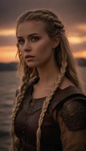 (Viking woman, Scandinavian warrior, Viking armor:1.8), (Drakkar, viking ship, fjord, sunset, stormy seas:1.8), (avant-garde snapshot aesthetic, cowboy shot, cinematic lighting, portrait in profile, rule of thirds:1.4), (masterpiece, best quality, 8k, RAW photography:1.2), (award-winning:1.1), (sharp focus on eyes:1.6), (hyper feminine features, lightly bronzed tan skin:1.5), (fierce woman:1.4), (intricate eye details, warm eyes, vivid eyes, stunning eyes:1.4), (long delicate eyelashes, subtle natural look makeup:1.4), (textured ash blonde hair with dark highlights, intricate and elaborate braids:1.4), (midnight rendezvous, late night tryst:1.6), (shallow depth of field, professional color grading:1.6), (softly blurred background:1.3), (natural skin texture:1.6), (realistic skin details:1.5), (intricately detailed hair:1.5), (expressive detailed eyes:1.6), (visible limbal ring:1.5), (detailed iris texture:1.5), (natural hair texture:1.4), (realistic eye texture:1.5), subtle vellus hairs, ziprealism