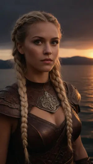 (Viking woman, Scandinavian warrior, Viking armor:1.8), (Drakkar, viking ship, fjord, sunset, stormy seas:1.8), (avant-garde snapshot aesthetic, cowboy shot, cinematic lighting, portrait in profile, rule of thirds:1.4), (masterpiece, best quality, 8k, RAW photography:1.2), (award-winning:1.1), (sharp focus on eyes:1.6), (hyper feminine features, lightly bronzed tan skin:1.5), (fierce woman:1.4), (intricate eye details, warm eyes, vivid eyes, stunning eyes:1.4), (long delicate eyelashes, subtle natural look makeup:1.4), (textured ash blonde hair with dark highlights, intricate and elaborate braids:1.4), (midnight rendezvous, late night tryst:1.6), (shallow depth of field, professional color grading:1.6), (softly blurred background:1.3), (natural skin texture:1.6), (realistic skin details:1.5), (intricately detailed hair:1.5), (expressive detailed eyes:1.6), (visible limbal ring:1.5), (detailed iris texture:1.5), (natural hair texture:1.4), (realistic eye texture:1.5), subtle vellus hairs, ziprealism