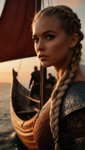 (Viking Drakkar, Viking long ship, viking ship:2), (Viking woman, Scandinavian warrior, Viking armor, fjord, sunset, stormy seas1.6), (avant-garde snapshot esthetic, full body shot, cinematic lighting, portrait in profile, rule of thirds:1.5), (masterpiece, best quality, 8k, RAW photography, award-winning), (sharp focus:1.5), (hyper feminine features, lightly bronzed tan skin:1.4), (fierce woman:1.4), (intricate eye details, vivid eyes, stunning eyes:1.4), (long delicate eyelashes, subtle natural look makeup:1.4), (textured ash blonde hair with dark highlights, intricate and elaborate braids:1.4), (shallow depth of field, professional color grading:1.6), (softly blurred background:1.3), (natural skin texture, realistic skin details:1.5), (intricately detailed hair, natural hair texture:1.5), (expressive eyes, limbal ring, detailed iris texture, realistic eye texture:1.5), subtle vellus hairs, ziprealism