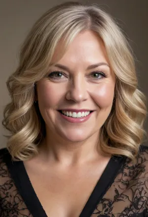 A 60 year old fat mature bbw gilf with a warm and inviting smile is the central focus of the image. Her bright teeth are visible as her lips curve upward. Her shoulder-length hair, a blend of warm blonde and light brown tones, is styled in soft layers that frame her face. Subtle makeup appears to enhance her eyes and give her complexion a smooth, even appearance.
She is wearing a garment with a sheer, dark fabric forming the upper portion, revealing a patterned material underneath. The interplay of light across her skin and hair creates highlights that accentuate the texture and dimension.
The background is a deep, uncluttered black, which serves to keep the viewer's attention firmly on the woman in the foreground.