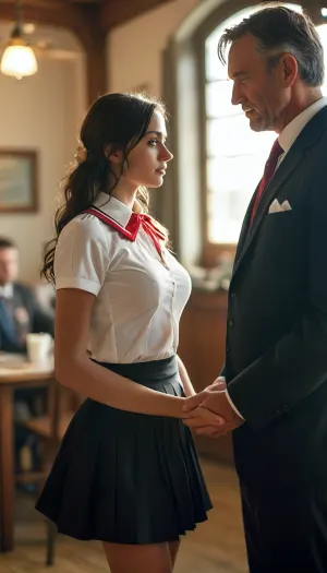 Company Christmas party, tall huge older married man, (7feet tall), and short skinny petite young woman, (5feet tall), (man groping woman), Beautiful young native_american Catholic schoolgirl with straight hair in a school uniform with pleated skirt, (schoolgirl uniform), a look of arousal on her face, athletic figure, cleavage, toned legs, petite, short, being held by a large man in a suit, (the man's face is out of frame), the man is huge and broad-shouldered, highlight the size difference between the wife and the man, the man is groping the wife, shot from below, arched back, good posture, ((Ultimate realistic photo details)), (((dynamic sexy pose))), (((bright sunlight))), detailxl, big ass, wide hips, large, breasts, big, boobs, huge, tits, <lora:MJ52:.7>, <lora:710302_training_data:.8>, <lora:bombshell_v2:.1>