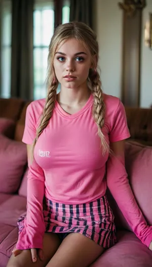 woman, ((Gorgeous british teen sitting on couch:1.8)), ((18 years old)), ((pigtails)), ((blonde hair)), ((huge boobs:1.9)), ((slim body)), ((looking away:1.5)), ((spreading legs:1.9)), ((wears very tight pink t-shirt:1.9)), ((wears checkered miniskirt and high socks:1.5)), ((flashes tits:1.9)), ((tanned skin:1.7)), ((top view:1.7)), <lora:MJ52:.8>