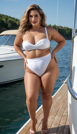 Very horny sexy old mature, 40 years old, huge hoop earrings, make up, dark blonde, tan skin, long wave hair, very chubby woman, plus size model, small tits, very tiny boobs, extreme chubby bbw, wide shoulders, large hips, thick arms, thick body, sexy naught smile face, very tall, focus on mules heels, very sexy mules, huge culottes, very thick calf, very strong calf, extreme high waisted bikini white leather glamour, very super high waisted bikini, huge underpants high waisted, at the boat, hands on hair, full body view, looking at the camera, showing her mules, walking towards the camera