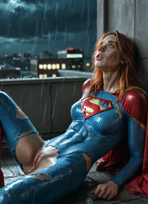 RAW image, Canon EOS R3, DSLR photo, 8k, best quality, (masterpiece:1.1), (realistic, photo-realistic:1.2), ultra high res, ((muscular), (fit and muscular)), backlight, (18 year old woman, redhead, beautiful), (woman's face post-orgasm:1.2), (close view of face:1.3), (wet hair), rain, ((rainy weather)), a dark raining city rooftop, ((rooftop)), ((toned shiny sexy supergirl, full-body catsuit)), (shiny catsuit), (ultra-thin catsuit material), (red platform boots), (on back with legs spread on a dark Skyscraper roof), sprawled on back, (head turned and laying on the ground), (body arched over broken and crushed metal rooftoop air-conditioner), (broken rooftop pieces laying around), (lying on top of wreckage), (side view near face), (mouth hanging open, vacant stare, eye roll:1.3), (watery cum is flowing from the pussy:1), (magically glowing blue cum:1), jizzed, ((night, rain)), (torn clothes, revealing clothes:1.2), <lora:BUT_SDXL_SHS:.6>, <lora:add-detail-xl:.6>, <lora:DetailedEyes_V3:.5>, <lora:dark:.3>