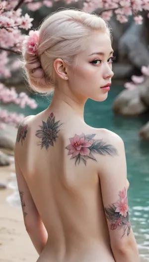 white aesthetics, albinism, pastel soft pinkish cream fractal, white sand, white milky transparent shiny water, what is water, asian girl, half-turned view, full back tattoo design, japanese yakuza tattoo, bright colors, tattoo detailing, lotus flowers, sakura, realistic photo, 3D, chinese manhwa, computer graphics