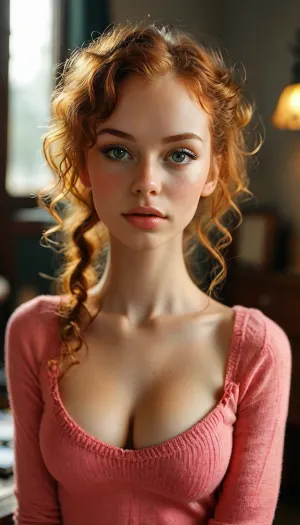 Full body, full view, curly red_haired model, 22 years old, hair in ponytail, false eyelashes, makeup, (very long nipples), ((skinny)), pink blouse, sweater, office, shot from below, good posture, arched back, ((Ultimate realistic photo details)), (((dynamic sexy pose))), (((bright sunlight))), detailxl, large, breasts, big, boobs, huge, tits, <lora:MJ52:.8>, <lora:710302_training_data:.8>, <lora:bombshell_v2:.2>, <lora:RealDownblouseXL2:.4>