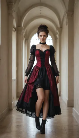 gorgeous woman, elaborate victorian hairstyle, victorian black hat, long pearl necklace, red silk dress, open legs standup, black boots high heels, sheer black stockings, long lags, makeup, full-body view, full-length, hallway with windows, sun light