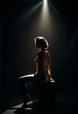 Dramatic nude portrait of a beautiful Iranian woman in black pantyhose, seated under a single spotlight in a dark studio. High contrast shadows, deep blacks, moody lighting. Sensual yet introspective — fine art noir., <lora:M05_Intensify:.8>