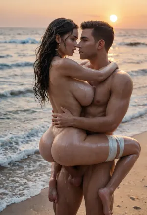 man and woman, man carrying woman, woman holding tightly on to man, wrapping legs around men, standing sex, blue hour, beach, evening sunset, evening light, shadows, huge breasts, long straight hair, wet pussy, skinny waist, large ass, huge, ass, breasts, big, hips, narrow, waist, <lora:BodyLicious:2>