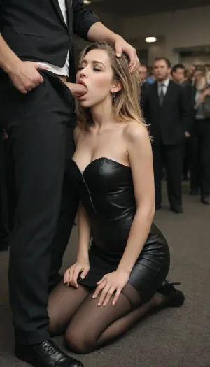 Nightclub dance floor, female esc, female closed eyes, People view, audience, male next to female, 18 year old female, hand on head, blonde hair, annoyed female, black pantyhose, full body, kneeling, office, strapless, tube, dress, bodycon, shocked, nonplussed, unzipping his pants, unzipping his trousers, beautiful, detailed face, nice big dick, ready for blowjob, licking, dick deep in mouth, deepthroat, pushing head, gagging, <lora:Plain_tube_dress:.8>, <lora:shocked:.8>, <lora:crowd_notrigger:.8>