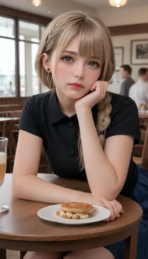 masterpiece, perfect face, 1 lady, one braid, adult, hair flaps, straight hair, dark eyes, blond, (bangs:1.1), (plump:1.2), sitting wood chair, black blouse, (Realistic X:1.5), pleated skirt, white background, wide shoulder, bent over, staring, blush, chin on table, cafe