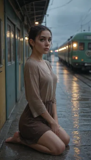 1girl, niples, buzz cut, hazel eyes, rain-soaked, kneeling in shallow water between train tracks, stormy night, flashes of lightning, ((de_train)), map, broken crates, distant sirens, wet metallic surfaces, cinematic tension, ultra-detailed
