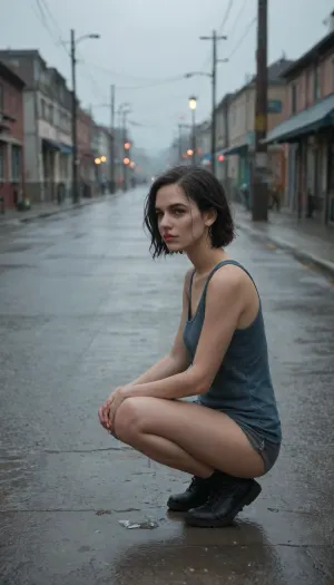 1girl, short black hair, piercing blue eyes, crouched low, hands bracing against wet ground, raindrops splashing around her, intense focus, stormy evening, gusts of wind, de_train map, flickering street lamps, puddles reflecting dim light, distant thunder, industrial shadows, gritty atmosphere, ultra-detailed