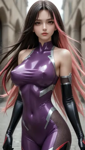 1girl, bare shoulders, black hair, bodysuit, breasts, covered erect nipples, covered navel, elbow gloves, fishnets, gloves, impossible bodysuit, impossible clothes, large breasts, long hair, looking at viewer, multicolored hair, pink hair, purple bodysuit, red eyes, shiny clothes, skin tight, solo, streaked hair, taimanin suit, two-tone hair, very long hair