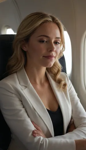 (masterpiece, best quality, photorealistic, highres), peaceful and slightly flirty scene inside a modern airplane cabin, a young attractive blonde woman around 25-28 years old with long straight light blonde hair tucked casually behind her ear, wearing a fitted stylish white sporty jacket that softly hugs her figure, underneath a slightly visible tight black top emphasizing her slim waist and bust, arms folded gently across her chest, soft relaxed smile on her lips, eyes closed in a serene resting expression, natural glowing skin, minimal fresh makeup, wearing small elegant wireless earbuds, relaxed but subtly charming posture, slight tilt of the head creating a feminine curve, seated by the window with bright soft daylight streaming in, background shows a few passengers also quietly resting, curved airplane windows with warm sunlight, dark cushioned modern seats, ultra-detailed skin texture, realistic fabric rendering with gentle cloth tension, cinematic ambient light with soft highlights on hair and face, natural reflections on window and surfaces, <lora:add-detail-xl:.8>, <lora:MaybeBetterFaceInFullBodyLora_XL_rev3:.8>