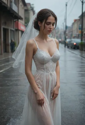 A Persian busty bride in a long white wedding dress stands alone in the rain. She has been standing for hours, drenched, her dress clinging to her body, soaked and delicate. Her hair is wet, partly covering her face. Her eyes are closed or gazing downward, reflecting silent sorrow or calm endurance. The environment is empty — a foggy open field, deserted street, or an old urban square. The rain falls gently but persistently. There’s a powerful sense of waiting, abandonment, or quiet resilience. The atmosphere is cold, cinematic, poetic.