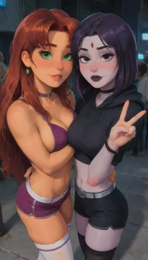 2girl, 2friends, (Starfire and Raven:1.6), Quality_masterpiece, Anatomically correct, Starfire tall mature woman age 35 from DC Comics, Raven petite young woman age 23 from DC Comics, Beautiful face, Perfect face, Highly detailed beautiful face and eyes, Attractive face, Detailed face, Delicate facial features, Detailed skin, BREAK, mid angle view, Metropolis City, Starfire 1girl, light green eyes, red hair, medium breasts, track shorts, purple cropped long sleeve shrug hoodie, green sclera, vambraces, skin, thigh high socks, voluptuous hourglass athletic figure, and, Wide hips, Huge butt, big butt, Thick thighs, Mature female, tanned-skinned female, Bedroom eyes, Perspired motherly face, sultry woman, detailed eyes, horny expression, aroused female, superhero, blushing, looking at viewer, mature female, young, sexy body, beautiful face, walking through city, peace sign with hands, red, long curly messy hair, green, eyes, <lora:1star-000004:1>, BRAKE, masterpiece, expressive eyes, perfect face, front lighting, standing in a seductive pose, smirk smile, Raven 1girl, young adult, pale grey skin, grey skin, violet hair, medium length hair, messy hairstyle, violet eyes, athletic figure, thin body, skinny body, petite_body, small breasts, wide hips, toned thighs, wearing black oversized basketball jersey, choker, belt, bracelets, jewelry, forehead jewel, red diamond jewel on forehead, black makeup, black lipstick, black eye shadow, ohxw, rave12, <lora:403584_training_data:1>, best quality, 8k, insane details, intricate details, hyperdetailed, hyper quality, high detail, ultra detailed, professional, HDR, ray tracing reflection, cinematic lighting, highlydetailedbody, realisticface, highlydetailedhair, insanelydetailed, 8K.highdetailedskin, highresolution, perfectfingers, (j_cartoon:1.5), Drawing, <lora:samdoesarts1.1-000030:.4>, <lora:J_cartoon:.3>, <lora:Animated_Concept:.4>