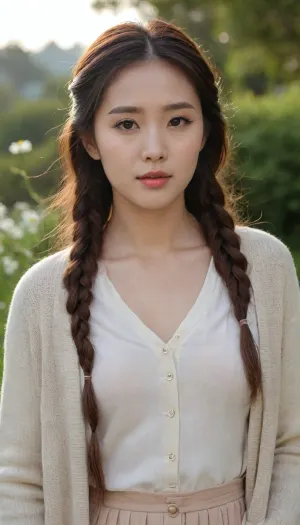 4k uhd image of a korean woman, The korean woman in the image has a soft, elegant appearance. She has fair skin and long, dark brown hair styled in a loose side braid, secured with a light-colored hair tie. She is wearing a high-neck white turtleneck under a light beige or cream-colored cardigan, with a black floral dress featuring white daisy-like flowers layered underneath. Her makeup is natural and minimal, emphasizing her clear complexion and expressive eyes. The background is softly blurred, suggesting an outdoor evening setting. Her expression appears calm and thoughtful.