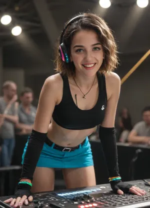 score_9, score_8_up, score_7_up, breasts, 1girl, solo, happy laughing face, headphones, disco, laser_lights, dj_table, (extreme short micro skirt:1), (smooth pussy is slightly visible under the skirt:1), short_hair, jewelry, bracelet, gloves, phonograph, one_eye_closed, elbow_gloves, bent_over, blue_eyes, fingerless_gloves, bangle, nose