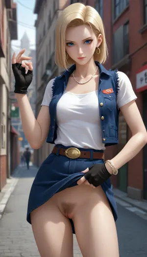 Android 18 from dragon ball z, in 3D art style, lifting skirt, very hairy pussy, DB_Android_18, a, woman, jewelry, blond, hair, earrings, blue, eyes, belt, necklace, skirt, black, fingerless, gloves, white, shirt, vest, hoop, short, sleeves, bracelet, pearl, buckle, <lora:DB_Android_18_V1:.8>