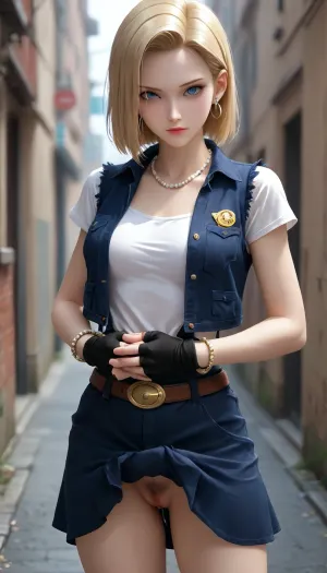 Android 18 from dragon ball z, in 3D art style, lifting skirt, very hairy pussy, dripping wet pussy, expression of intense desire, DB_Android_18, a, woman, jewelry, blond, hair, earrings, blue, eyes, belt, necklace, skirt, black, fingerless, gloves, white, shirt, vest, hoop, short, sleeves, bracelet, pearl, buckle, <lora:DB_Android_18_V1:.8>