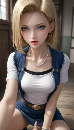 Android 18 from dragon ball z, in 3D art style, on her knees, mouth open, tongue out, shirt lifted, breasts exposed, legs spread, fingering herself, POV, DB_Android_18, a, woman, jewelry, blond, hair, earrings, blue, eyes, belt, necklace, skirt, black, fingerless, gloves, white, shirt, vest, hoop, short, sleeves, bracelet, pearl, buckle, <lora:DB_Android_18_V1:.8>