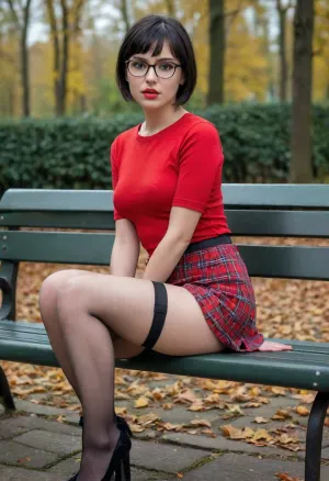 masterpiece, best quality, 32k, high resolution, absurdres, 1 futa, Polly, PollyRH, short hair, bobcut, black hair, bangs, green eyes, small breasts, shaved penis, almost flat chest, slim, pale skin, big round eyeglasses, clear eyeglasses lenses, nice round ass, red lip gloss, dynamic pose, white transparent half-open blouse, red tartan skirt, thighhighs, sitting legs apart on a bench, City, fall, autumn, looking away, pensive, Dutch angle, head resting, melancholic, pantyless, bratless, cum on face