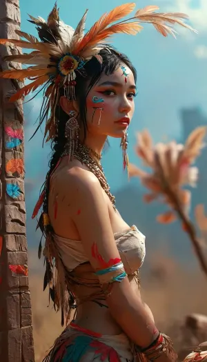 (Movie poster for a 1960s horor movie version of breakfast at Tiffany's:1), A young, beautiful, slender, topless Siox Indian woman with a large, colorful Indian feather headdress and war paint kneels on the prairie in front of a Native American totem pole, cyberpunk art, retrofuturism, by Lü Ji, cgsociety 9, nezha, very beautiful cyberpunk, cyberpunk, concept art feng zhu, (UHD, 4K, 8K), perfect breasts, face closeup, <lora:MJ52:1.1>