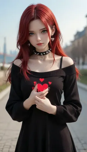 cleavage, dress, solo, long hair, (((she in love with viewer))), (((hearts))), red hair, nail polish, fingernails, no bra, short sleeves, collarbone, jewelry, collar, black dress, earrings, gothic, sky, day, sweater, off shoulder, spikes, blue sky, perfect hands, black nails, spiked collar, off-shoulder dress, sweater dress, electrolarynx