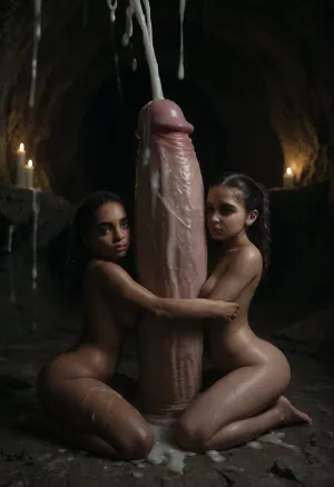 (2girls), 18 years old girls, young face, magic cave, cave of the dick, dark enviroment, candles everywhere, (male dick growing in this cave, the dick:1.1), kneeling from sides of the dick, (touching huge the dick:1.1), hugging, (huge cumshot:1.7), (huge dick, limp dick:1.5), (cum rain:1.1), (bukkake:1.3), African Latina asian girls, athletic body, medium breasts, <lora:dark:.8>