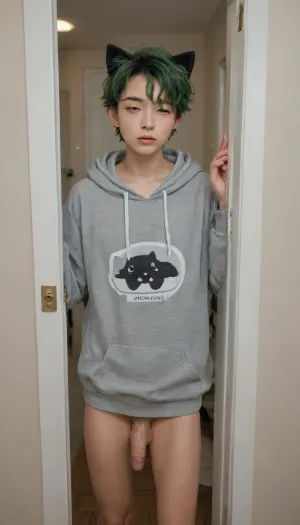 Twink, femboy, japanese, asian, korean, male, gay Boi, 20 years old, twenty years old, tall cute, sexy, skinny, slim, slender, thin, cat boy, cat ears, long cat tail, cat tail, standing in doorway, resort hotel, tropical hotel room, just woke up, sleepy, not fully awake, tired, one hand rubbing eyes, rubbing eyes, hand rubbing eye, one eye closed, yawning, wearing oversized t shirt, long oversized hoodie, long hoodie, wearing huge hoodie, boyfriend hoodie, no bottoms, no underwear, penis and testicles visible, flaccid penis, cute cock, bright green hair, green pubic hair, huge heavy hypertesticles