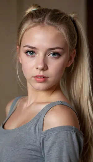 beautiful blonde 18 years old with ponytails woman, lewddungeon, background walls, <lora:tiedbreastsblue_XL_reg0_:.5>