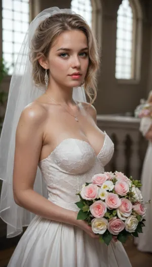 Hot bride on the altar holding a bunch of flowers, medium tits, blonde hair. She is wearing a weding dress whit short skirt and white stokings.