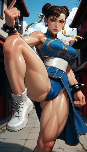masterpiece, best quality, high resolution, hires, score_9, score_8_up, score_7_up, score_6_up, ((Chun_Li from Street Fighter)), incase, style, ratatatat74, solo, close up, medium breasts, (muscular body, wide hips), ((thick thighs)), sweat, eyes looking at viewer, detailed pupils, smirk, standing on one leg, fighting pose, white sneaker, cameltoe, detailed, day, city street, <lora:287175_training_data:1.5>, <lora:ratatatat74-000050:1.3>