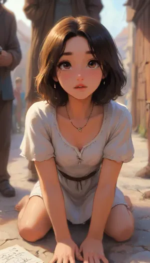 ((highest quality)), ((masterpiece)), (be familiar with), (High definition), (Real), 8K, Best Shadow, Side lighting, Cinematic、Low contrast、, (Complex:1.4), 、, (African-American Slave Woman is kneeling with her head being held by a tall Dutch Slave-Master handsome man in a medieval clothing), (Crying face:1), young adult, tunic, (medieval slave outfit), Top-down view, (Bright outdoor open ancient American slave market), best quality, 8k, insane details, intricate details, hyperdetailed, hyper quality, high detail, ultra detailed, professional, HDR, ray tracing reflection, cinematic lighting, highlydetailedbody, realisticface, highlydetailedhair, insanelydetailed, 8K.highdetailedskin, highresolution, perfectfingers, (j_cartoon:1.5), Drawing, <lora:detailed_notrigger:1>, halxbailey, <lora:halbailey_juggerX_xl_1_st_woc_merger_50_127_03_07-halxbailey:2>, <lora:samdoesarts1.1-000030:.4>, <lora:J_cartoon:.3>, <lora:Animated_Concept:.4>