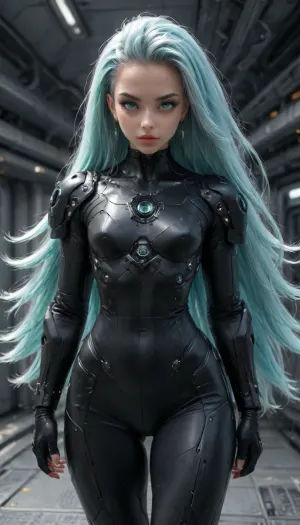 (1 extremely beautiful girl standing in a spaceship), (wide angle), front view, (big thin cute lips), (extremely small beautiful face), white hair, (perfect medium sleek hair:1.2), (extremely sleek hair:1.8), (mech black armor:1.4), (fully clothed:1.2), white skin, very long thick eyelashes, (light teal eyes), (extremely beautiful muscular body:1.3), collarbones, multiple big necklace, earrings, (cute medium breasts), (flat chest), small waist, (cute bubble butt:1.3), (extremely thin muscular thighs:1.3), long legs, (extremely perfect big beautiful eyes:1.8), (perfect face:1.3), (8k), (spaceship), white, sclera, eyes, futuristic, spaceship, c0rr1d0r, <lora:white sclera v2:1.3>, <lora:rknArouseXL:.8>, <lora:1366408_training_data:.9>, <lora:futuristic_spaceship_c0rr1d0r:2>, <lora:Mecha_Ggorgeous_Armor-000011:2>
