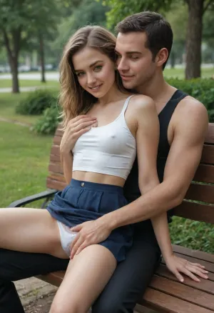 A tall young very beautiful 18-year-old Russian girl in a tank top and a spacious skirt sits on a guy's lap and hugs his neck On a bench in the park, (white panties), (A fully clothed guy), a slut smile, The chest is medium, (the guy's hand under the skirt on the girl's crotch), groping, fingering, grabing, High detail, excellent image quality