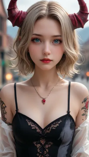 adult woman with pretty face, tattooed on her face cheeks, (demonic incubus in rainbow mountain)