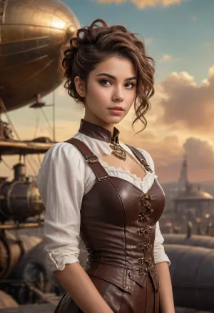 woman, Steampunk, 18 year old, full height, mulatto, best quality, ultra-detailed, masterpiece, finely detail, high res, 8k wallpaper, cute tall tall face, tanned skin, pixie cut hair, messy hair, vintage airships and plane on background, sunset sky and golden clouds background, jg-jc0n, ValentinaNappi, brown, eyes, hair, <lora:432660_training_data:.6>
