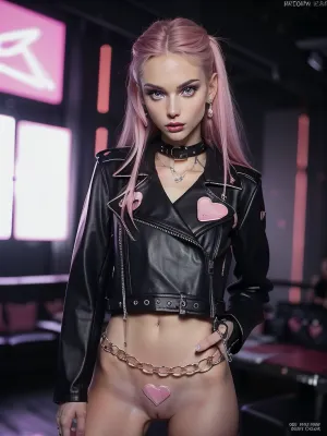 21 girl, (young emo), in nightclub, black piercing on breasts white skin black hair with pink highlights, pink pubic hair, hot pussy, g thin waist legs open very horny face completely naked no clothes, ((super detailed professional photography)), masterpiece, photorealism, DSLR camera, best quality, best resolution, with UHD resolution, perfect composition of light and shadows, the brightest image, clear focus, depth of field, skinny, perfectly detailed skin texture, perfectly symmetrical face, perfectly detailed sparkling eyes, perfect highlighted hair, 32k, 30 mm lens, 1/250 s, f/2.8, ISO 300, big tits, perfect lights, ziprealism, detailxl, res, 8k, raw, photo, h34rtj4ck3t, leather, jacket, pink, hearts, <lora:Yana_Koshkina:.3>, <lora:weight_slider_v2:-1>, <lora:photorealistic02:.3>, <lora:h34rtj4ck3t:.7>