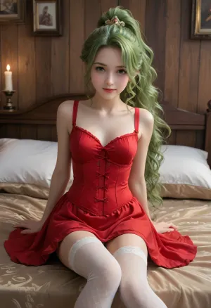 1 girl, (Terra from FF), age 18, sitting on the edge of her bed, white skin, very beautiful, happy smiling face, (dark neon green hair), (long hair), (curly hair), (ponytail hairstyle), golden hair ornament, skinny, short waisted, petite, (natural medium breasts), (wearing a red corset dress), (wearing white pattern stockings up to her knees), purple silk sash, in a medieval loft bedroom, wooden walls, wooden rafters, large soft bed, quilted blankets, pillows, ((thin rapier style fantasy sword)), midnight, candle light, color, hair, <lora:colorhairXL2v:.8>