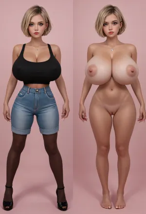 (masterpiece, ultra-detailed, best quality), photo-realistic, hyper-realism, clear image, detailed face, full body shot, cute, pretty, 21years old, Stupid girl who likes to masturbate.Japanese girl standing, (strait-on, frontal body), look at viewer, black clean eyes, naked, barefoot, round face, blonde hair, pixie-cut, bangs, (very black skin, flashy makeup, hourglass body, tiny waist, big ass, gigantic natural breasts:1.5), wet pussy, dripping love juice, (same person, same pose, same angle), (2Split screens, 2split views, onoff:1.2), (wearing tight black tank-top and shorts and fish-net stockings and high-heels.extremely earrings, necklace), (simple light-blue and pink background), BREAK, <lora:OnoffXL_ExtraCrispy:.7>